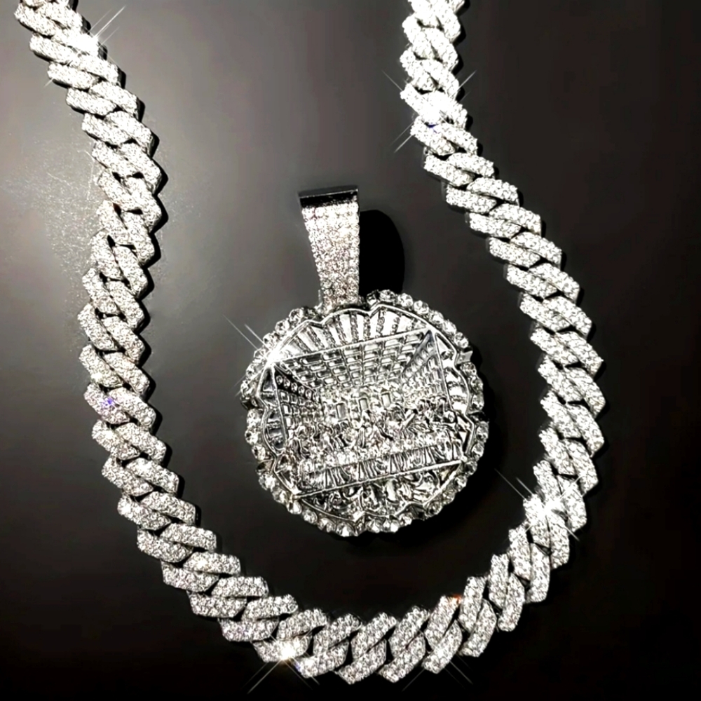 Men's The Last Supper Pendant Necklace,Silvery Cuban Chain, Iced Out Bling Charm